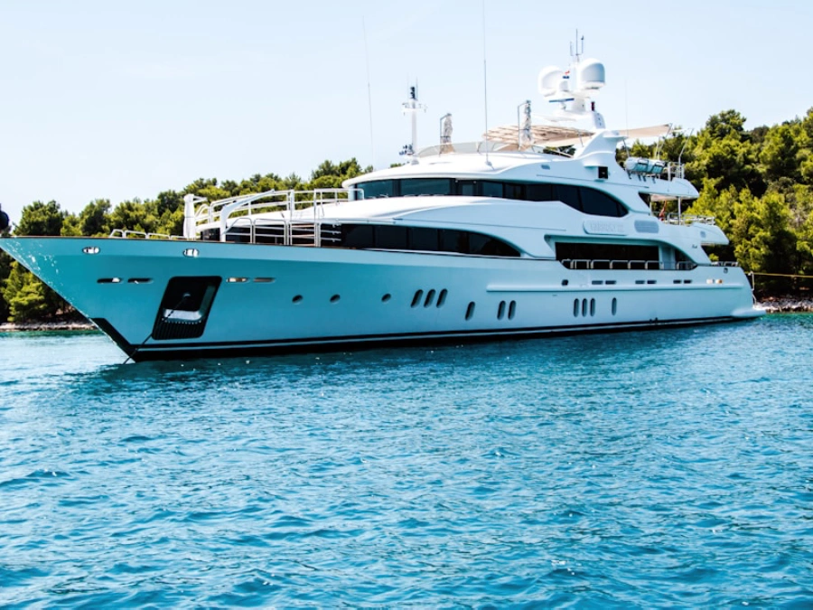 Luxury Formula powerboat speeding across open blue water
